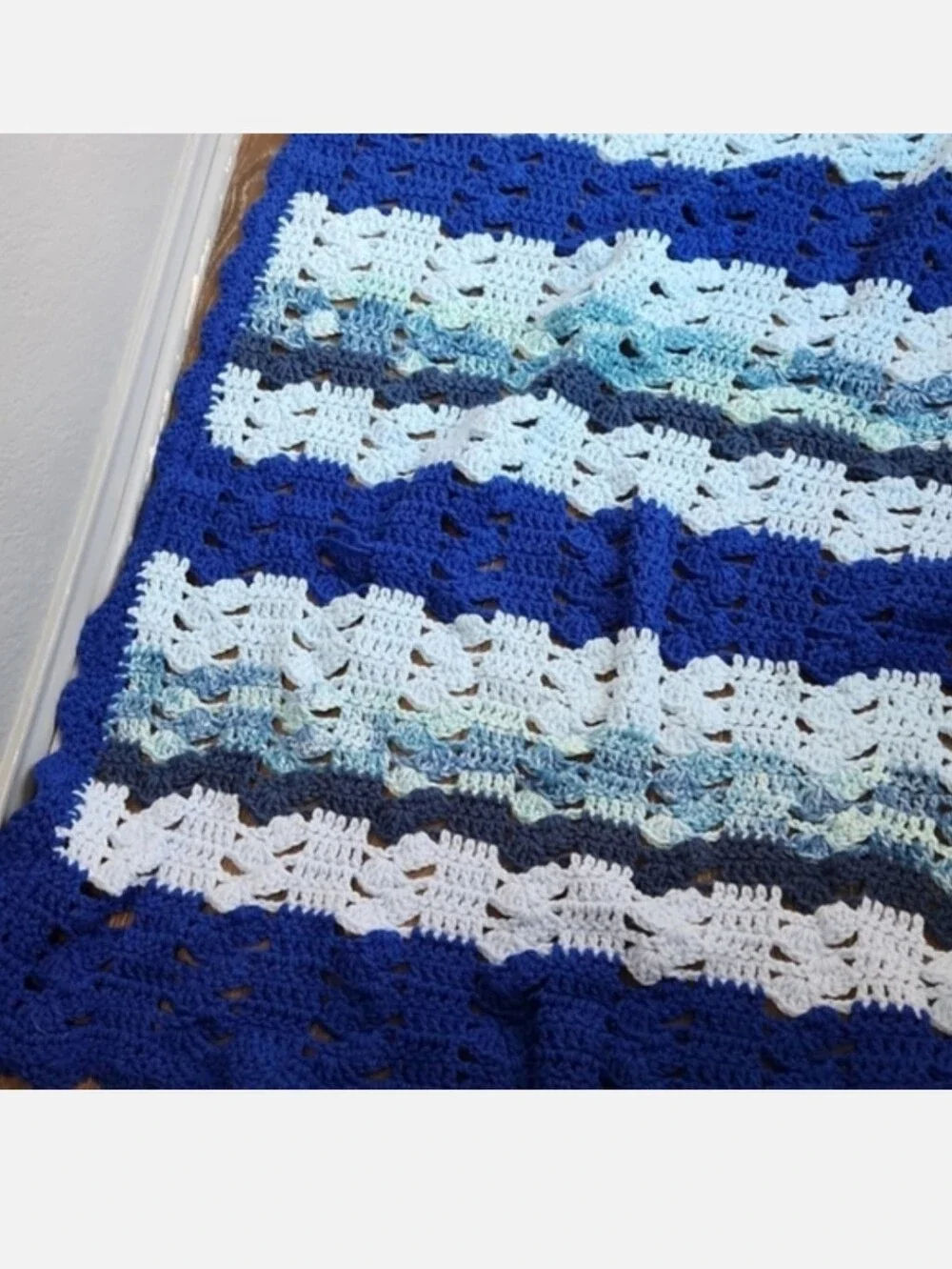 Knitted Crocheted Throw Blanket Blue Stripes